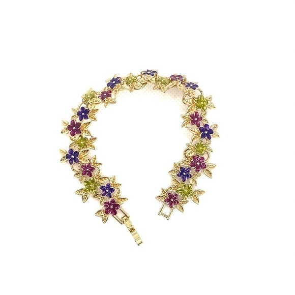 Bracelet Gold Tone With Flowers 8” - Picture 8 of 13